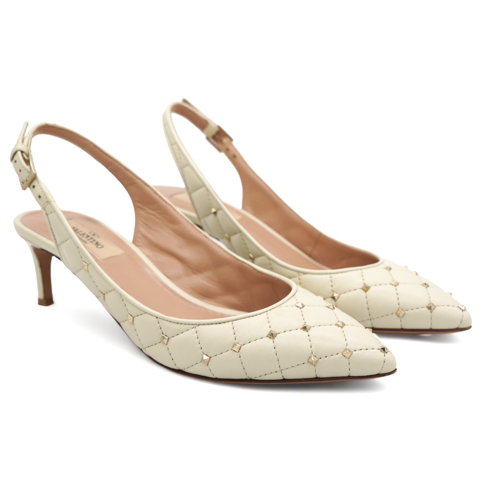 Nappa Quilted Rockstud Slingback Cream 37