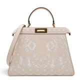 Vitello Seta Shiny Nappa Floral Embroidered Petite Peekaboo I SEE U Satchel Camelia White Ice