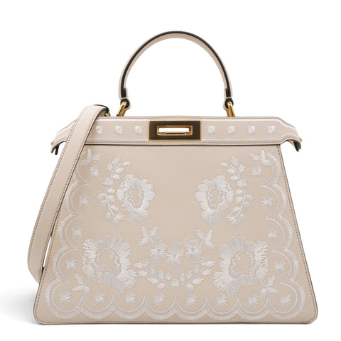 Vitello Seta Shiny Nappa Floral Embroidered Petite Peekaboo I SEE U Satchel Camelia White Ice