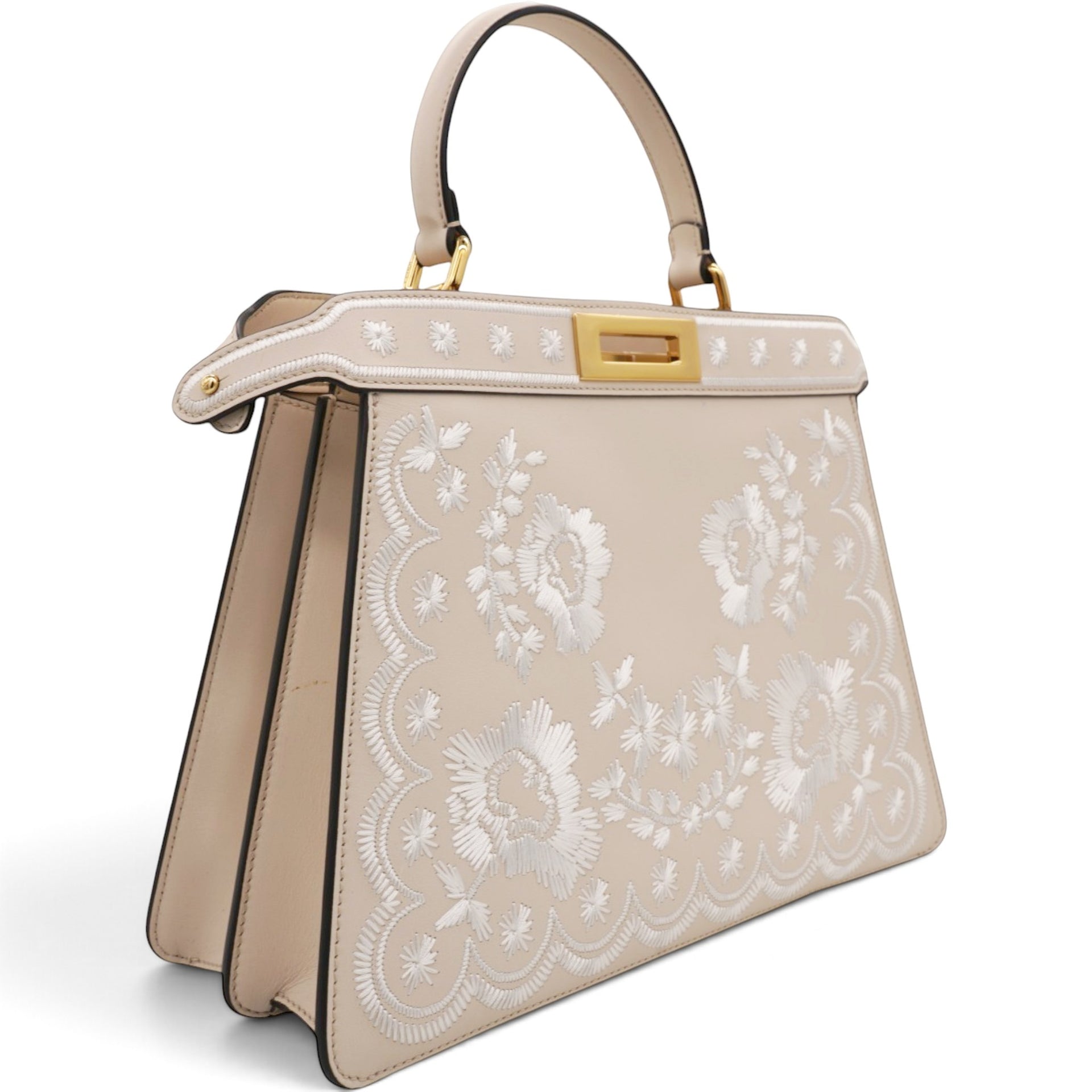 Vitello Seta Shiny Nappa Floral Embroidered Petite Peekaboo I SEE U Satchel Camelia White Ice