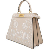 Vitello Seta Shiny Nappa Floral Embroidered Petite Peekaboo I SEE U Satchel Camelia White Ice