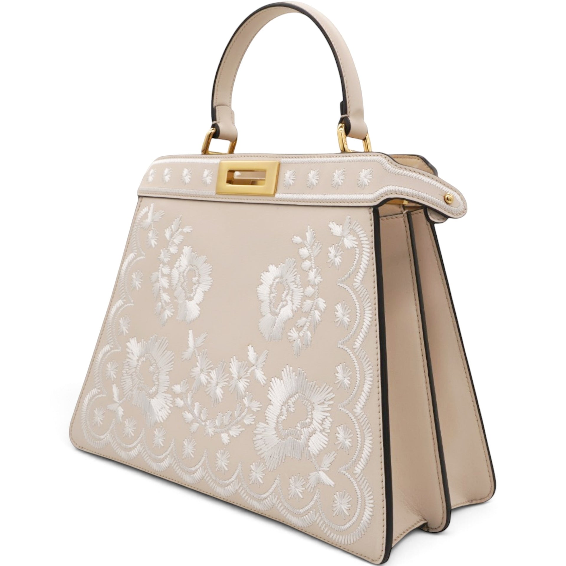 Vitello Seta Shiny Nappa Floral Embroidered Petite Peekaboo I SEE U Satchel Camelia White Ice