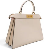 Vitello Seta Shiny Nappa Floral Embroidered Petite Peekaboo I SEE U Satchel Camelia White Ice