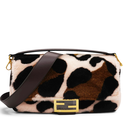 Shearling Vitello Dolce Leopard Print Large Baguette Pink Brown Multicolor