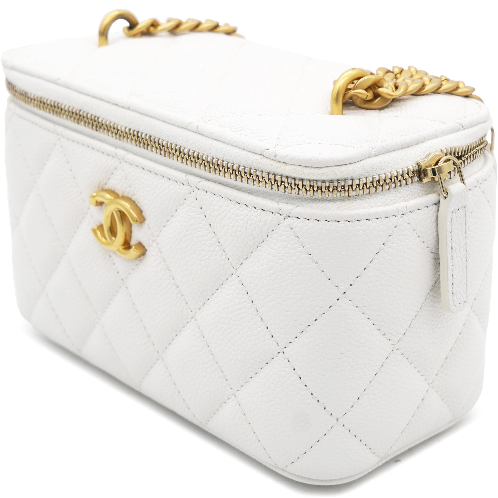Caviar Quilted Heart Charm Small Vanity Case With Chain White