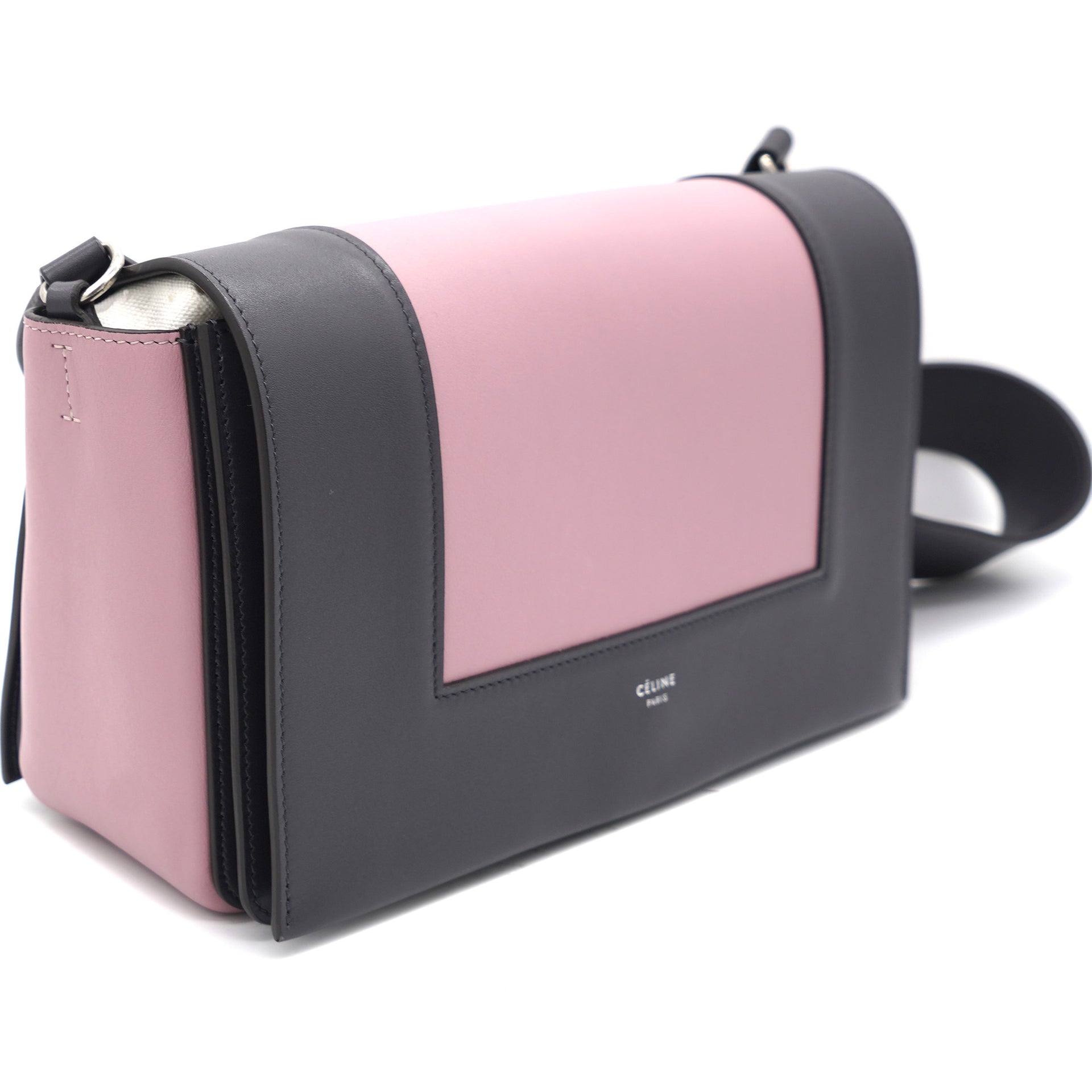 Smooth Calfskin Medium Frame Shoulder Bag Grey Pink