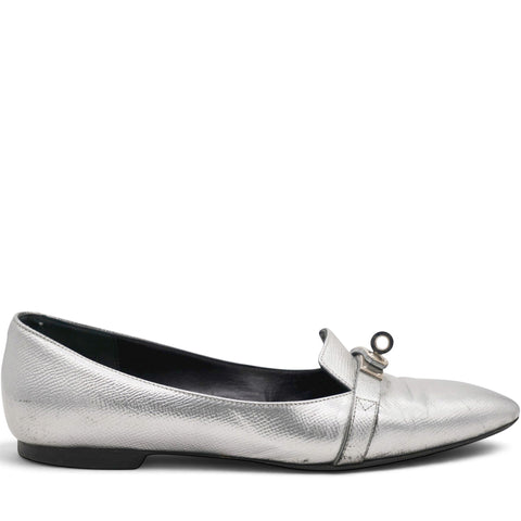 Metallic Silver Leather Pegase Mini Kelly Buckle Ballet Flats Size37