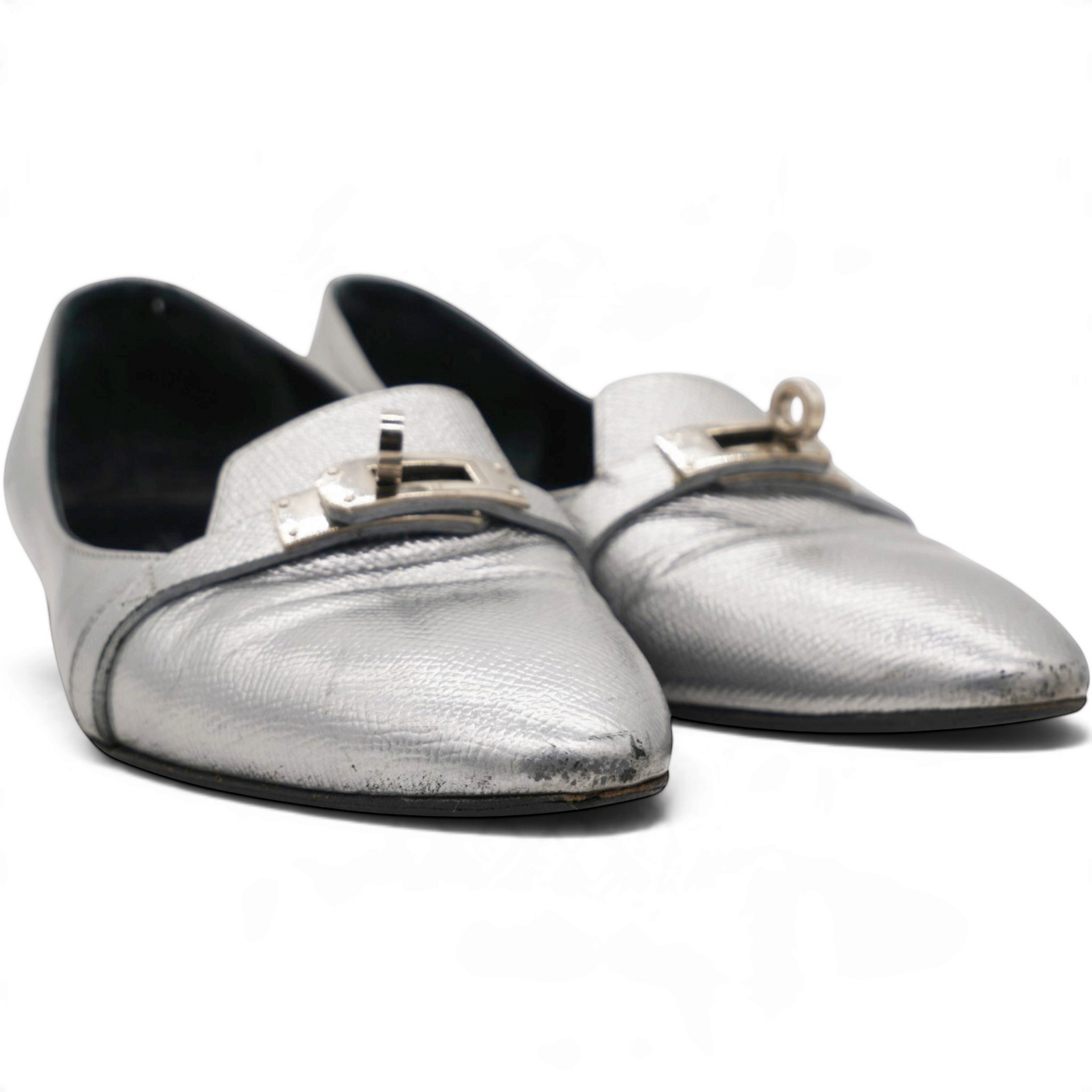 Metallic Silver Leather Pegase Mini Kelly Buckle Ballet Flats Size37