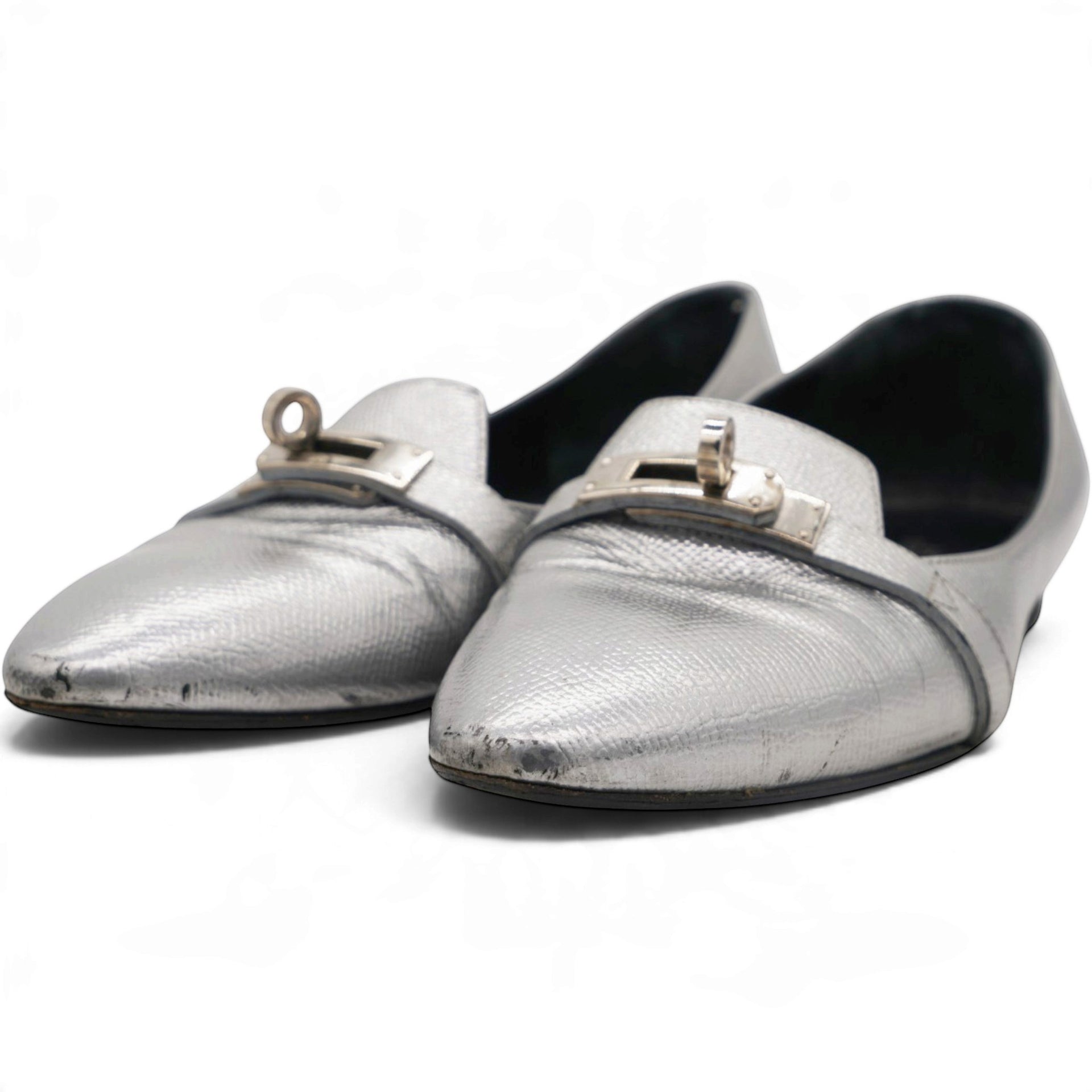 Metallic Silver Leather Pegase Mini Kelly Buckle Ballet Flats Size37