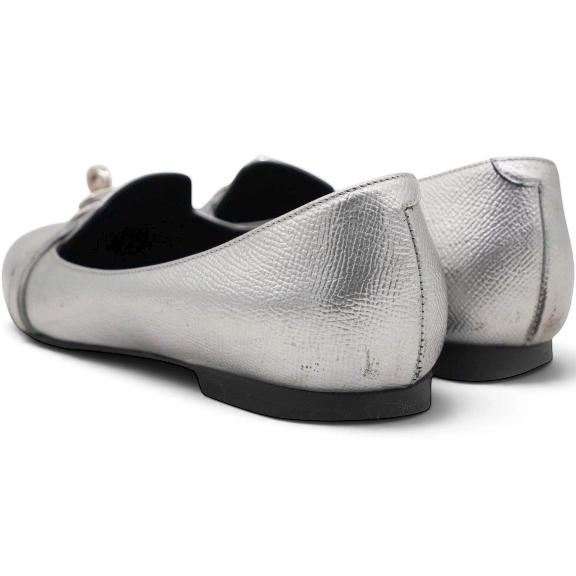 Metallic Silver Leather Pegase Mini Kelly Buckle Ballet Flats Size37