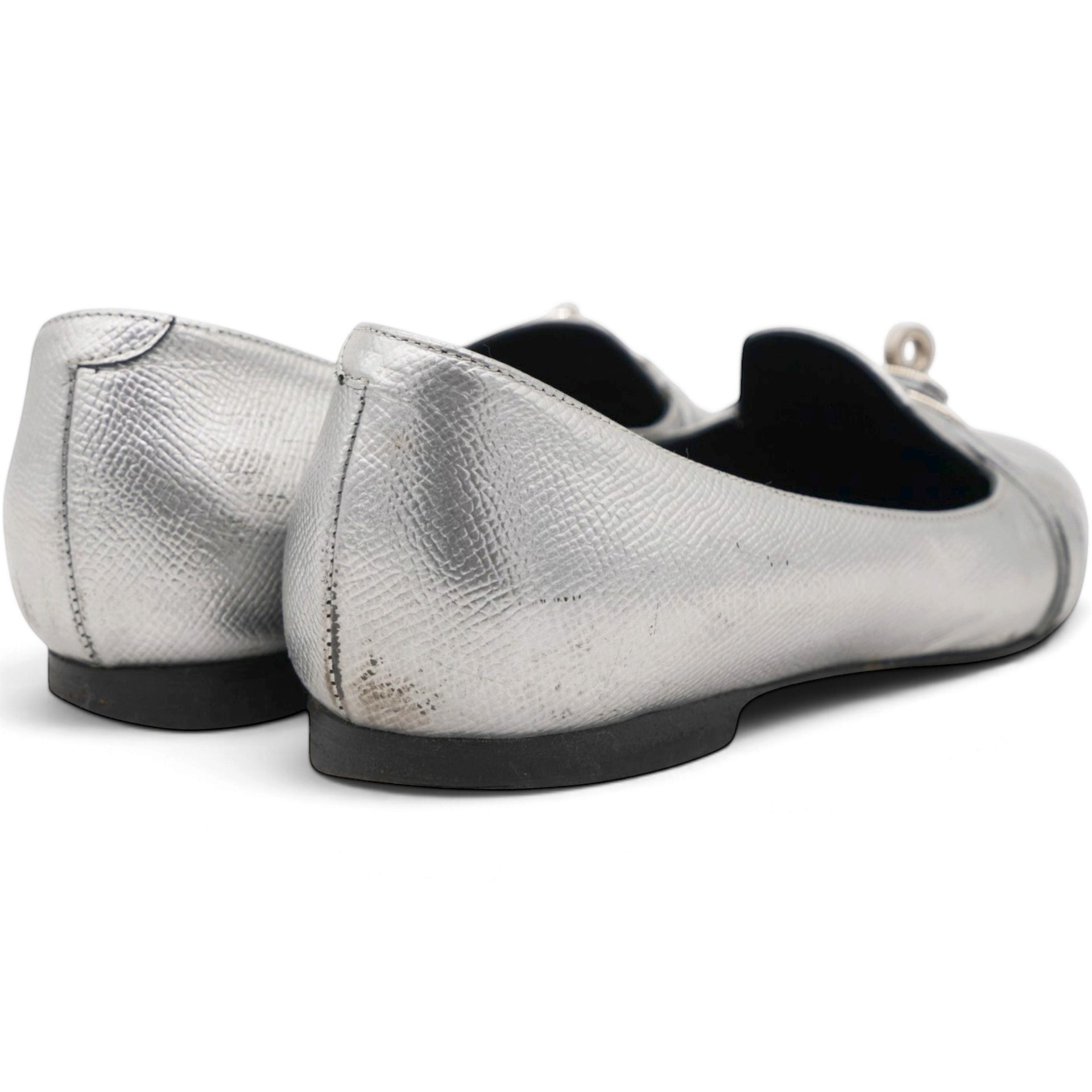 Metallic Silver Leather Pegase Mini Kelly Buckle Ballet Flats Size37