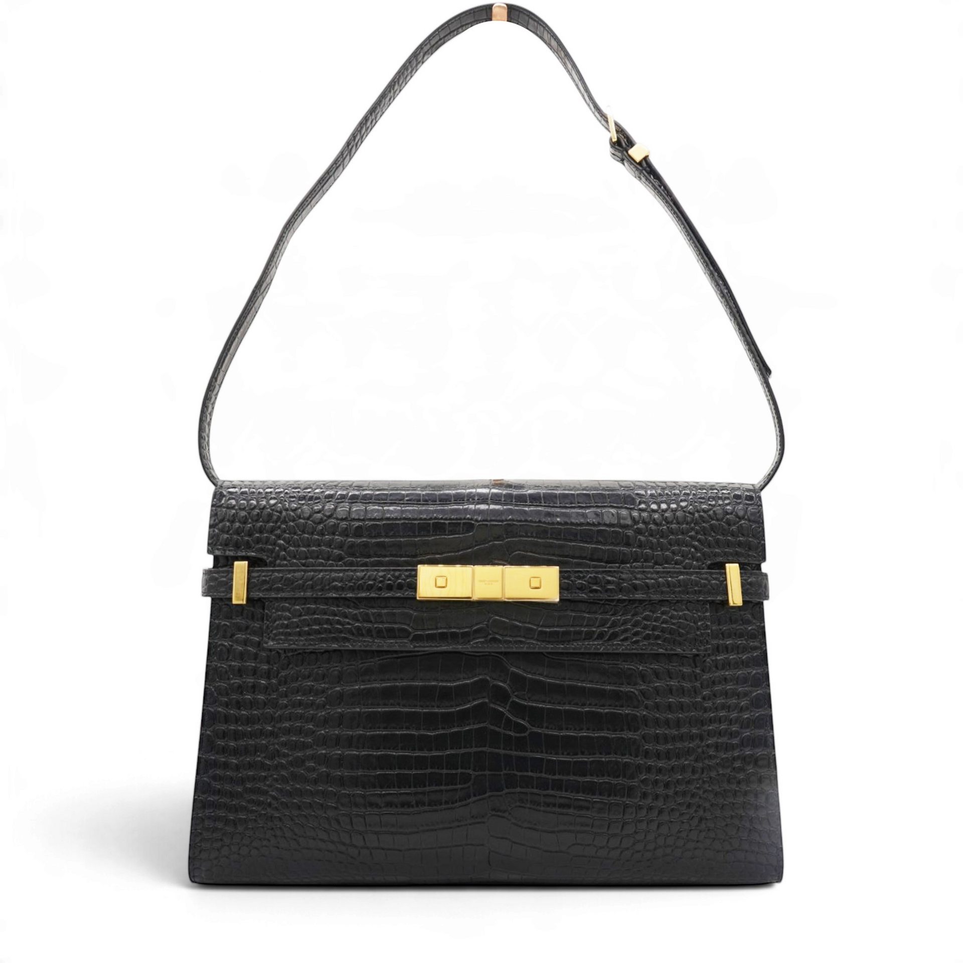 Shiny Calfskin Crocodile Embossed Manhattan Baguette Black Medium