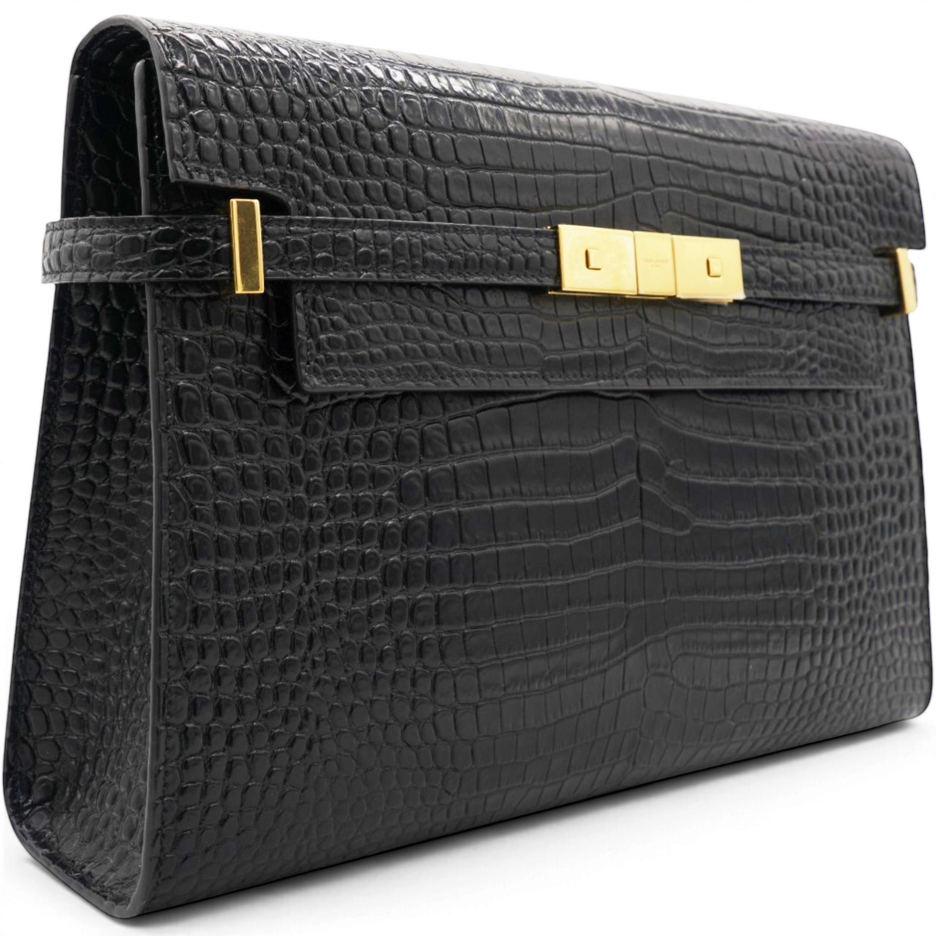 Shiny Calfskin Crocodile Embossed Manhattan Baguette Black Medium