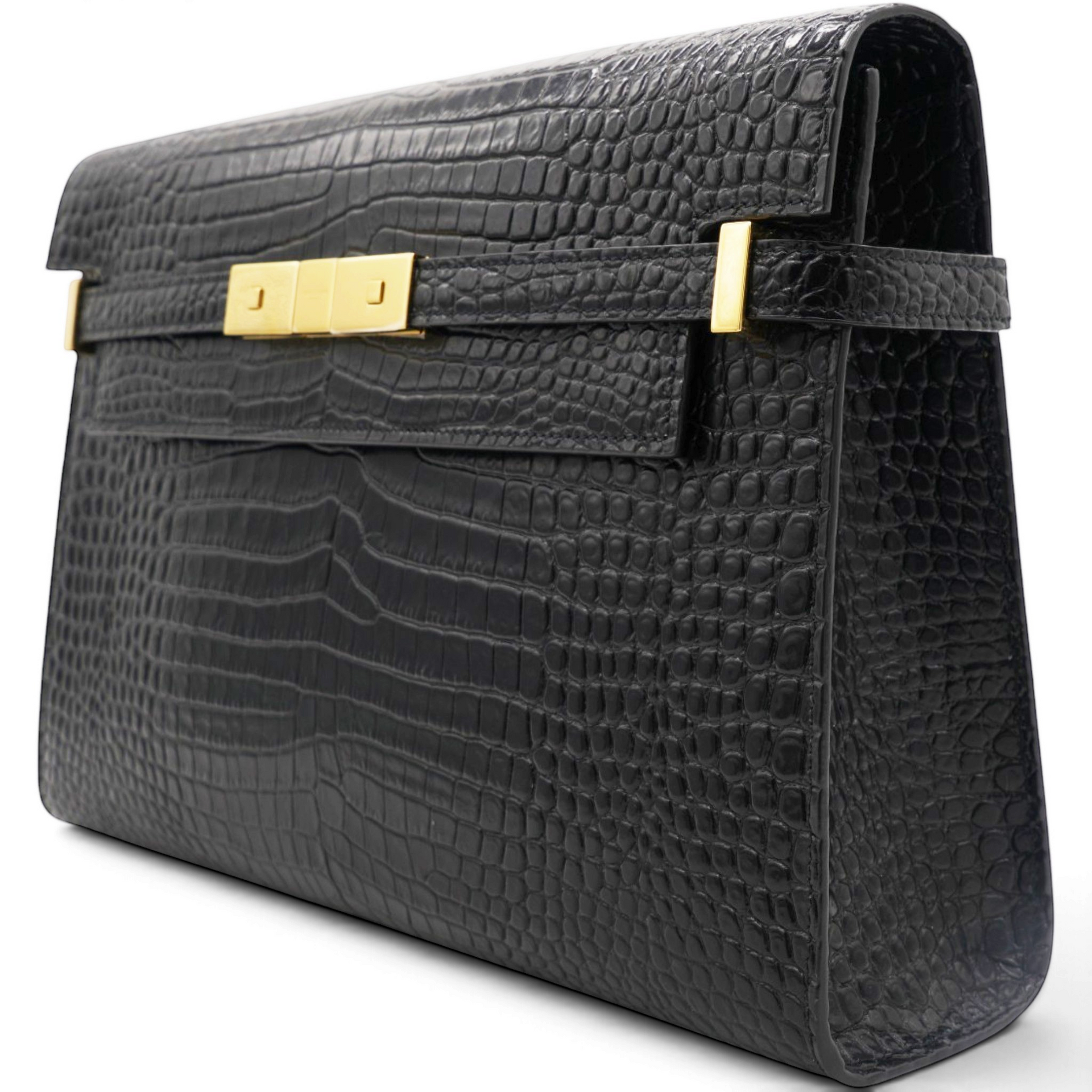Shiny Calfskin Crocodile Embossed Manhattan Baguette Black Medium