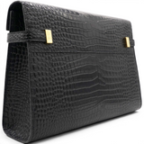 Shiny Calfskin Crocodile Embossed Manhattan Baguette Black Medium