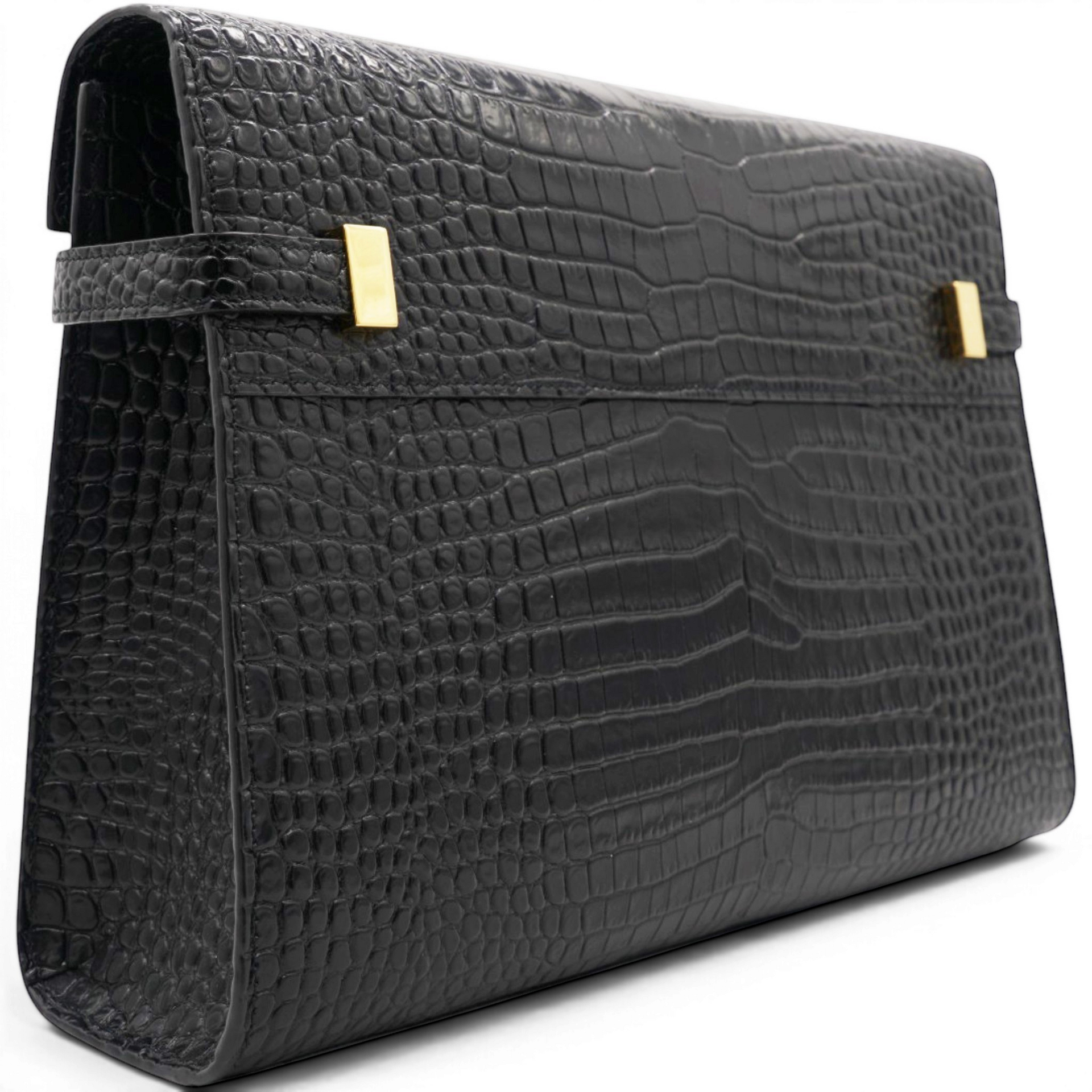 Shiny Calfskin Crocodile Embossed Manhattan Baguette Black Medium