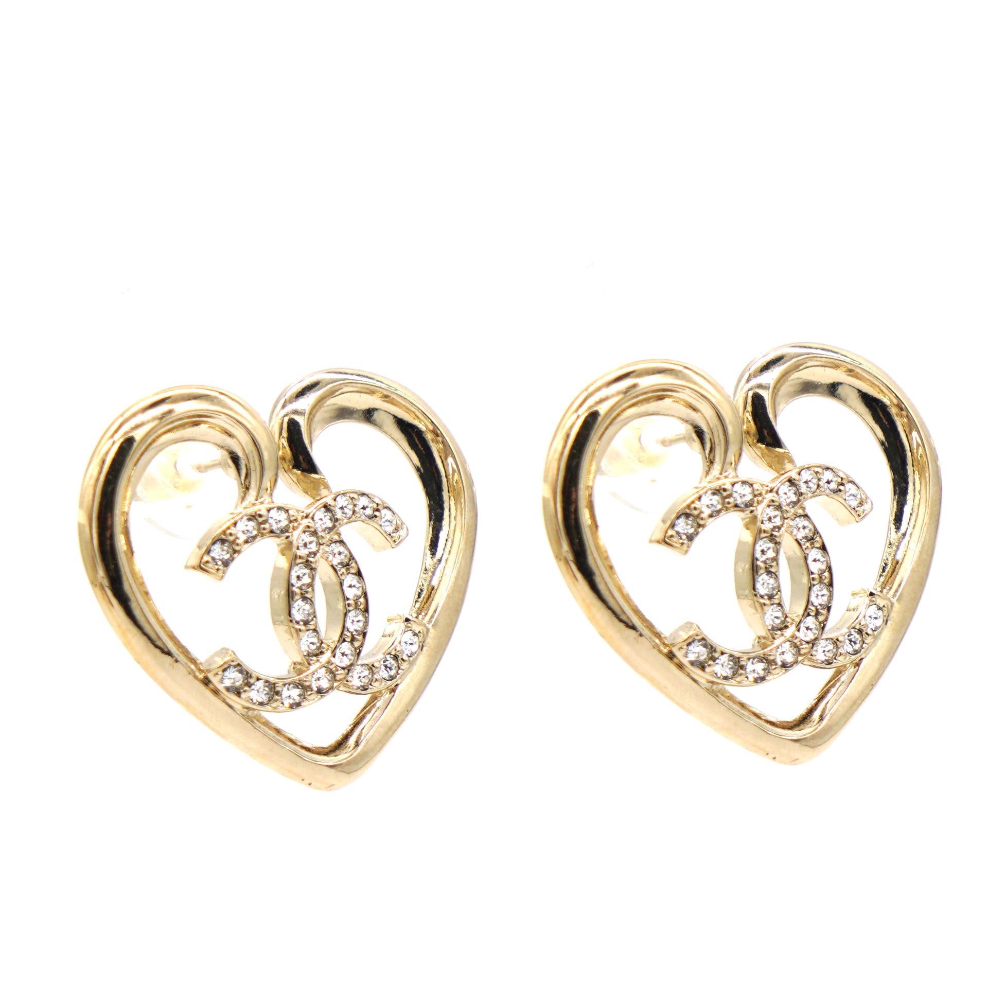 Crystal Metal CC Heart Earrings Gold