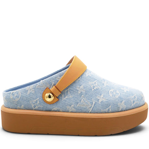 Monogram Washed Denim Aspen Platform Clog Mules Blue Size40