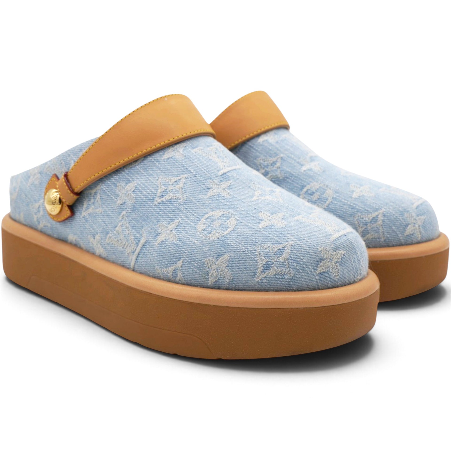 Monogram Washed Denim Aspen Platform Clog Mules Blue Size40