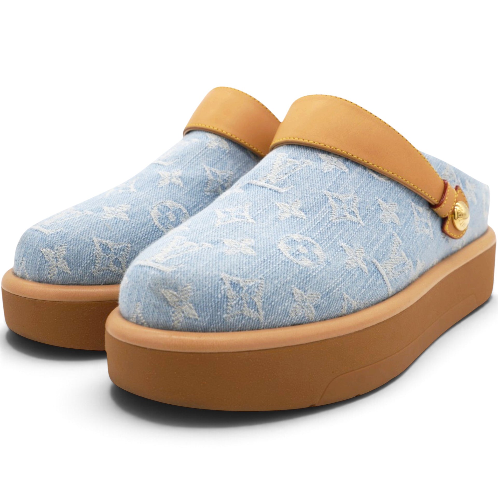 Monogram Washed Denim Aspen Platform Clog Mules Blue Size40