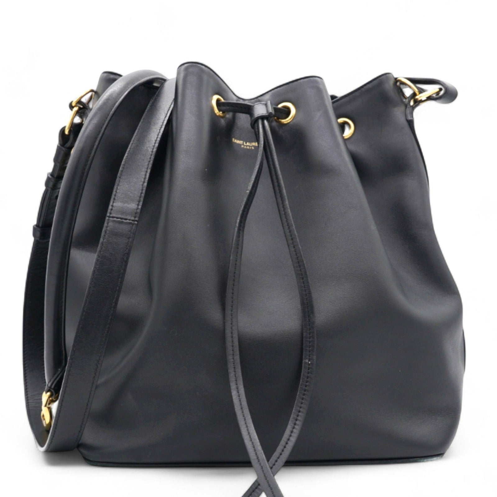 Paris Black Leather Small Emmanuelle Drawstring Bucket Bag