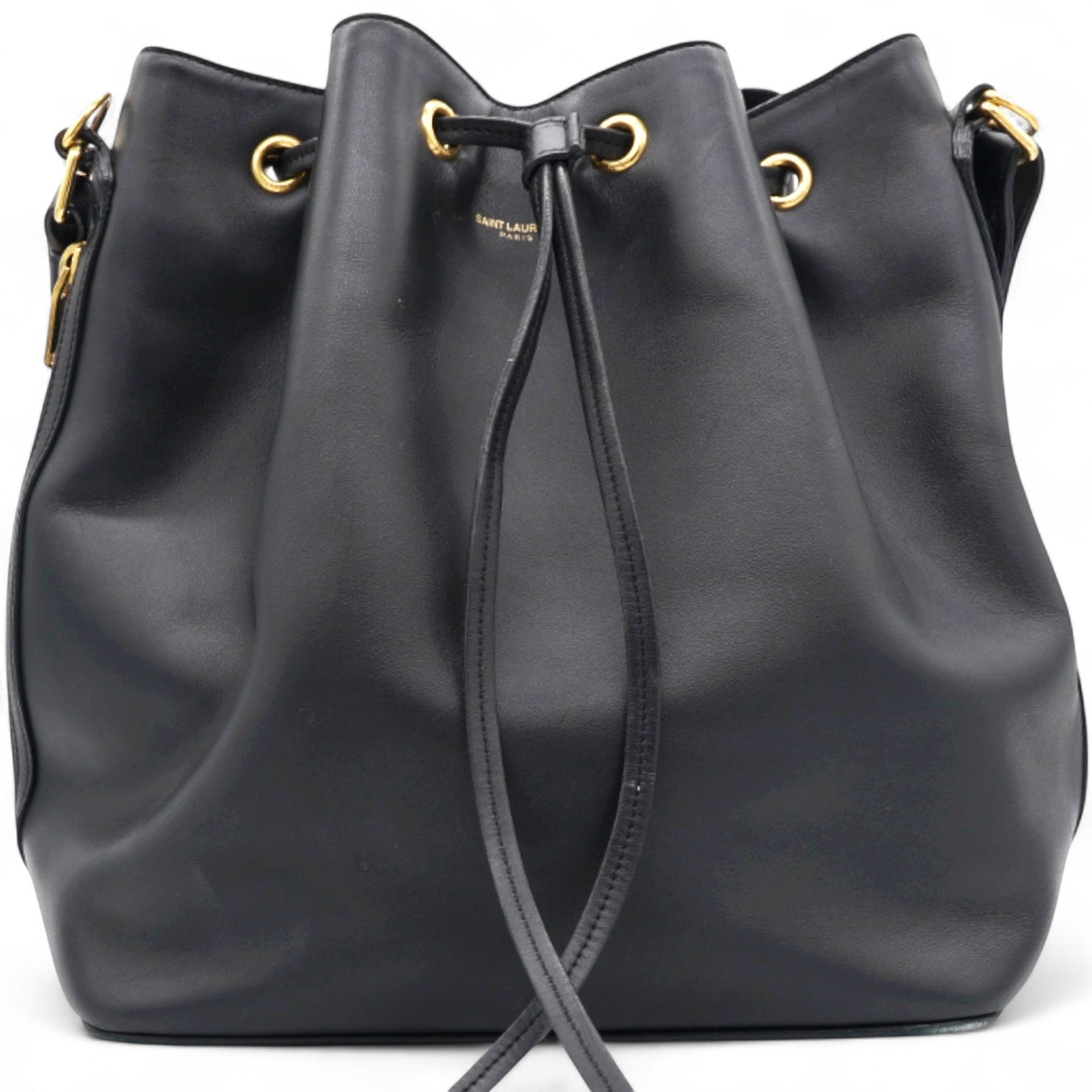 Paris Black Leather Small Emmanuelle Drawstring Bucket Bag