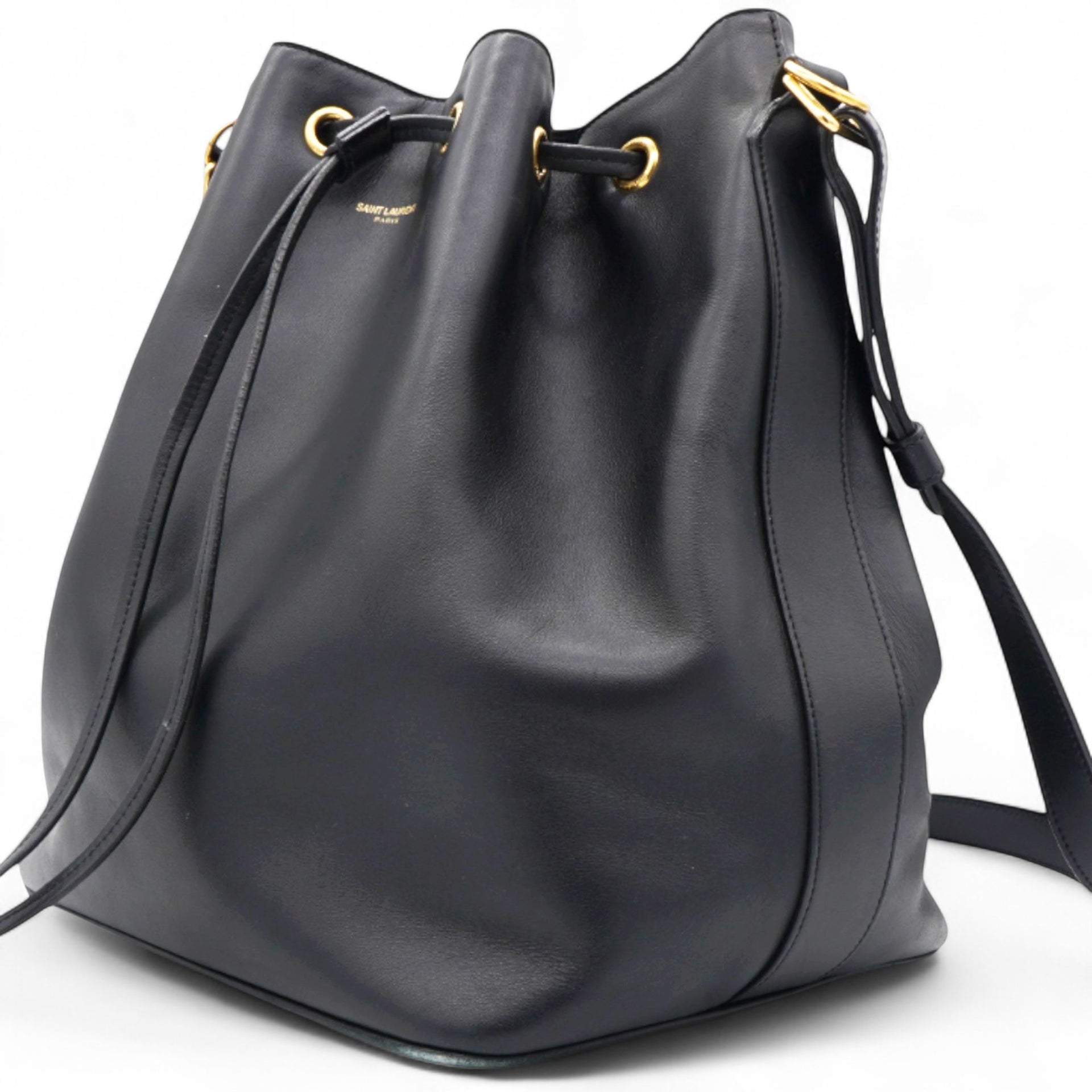 Paris Black Leather Small Emmanuelle Drawstring Bucket Bag
