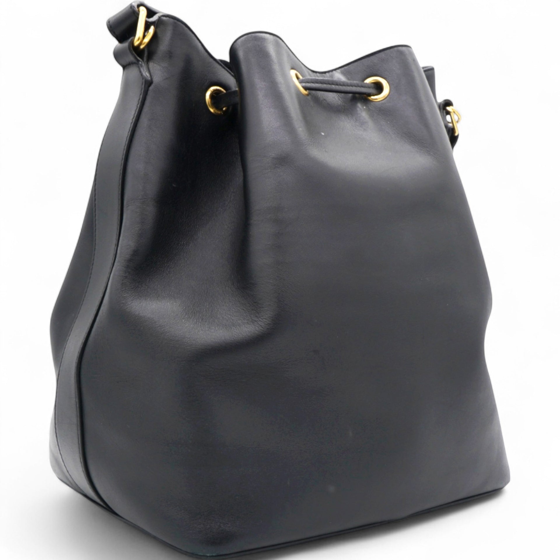 Paris Black Leather Small Emmanuelle Drawstring Bucket Bag