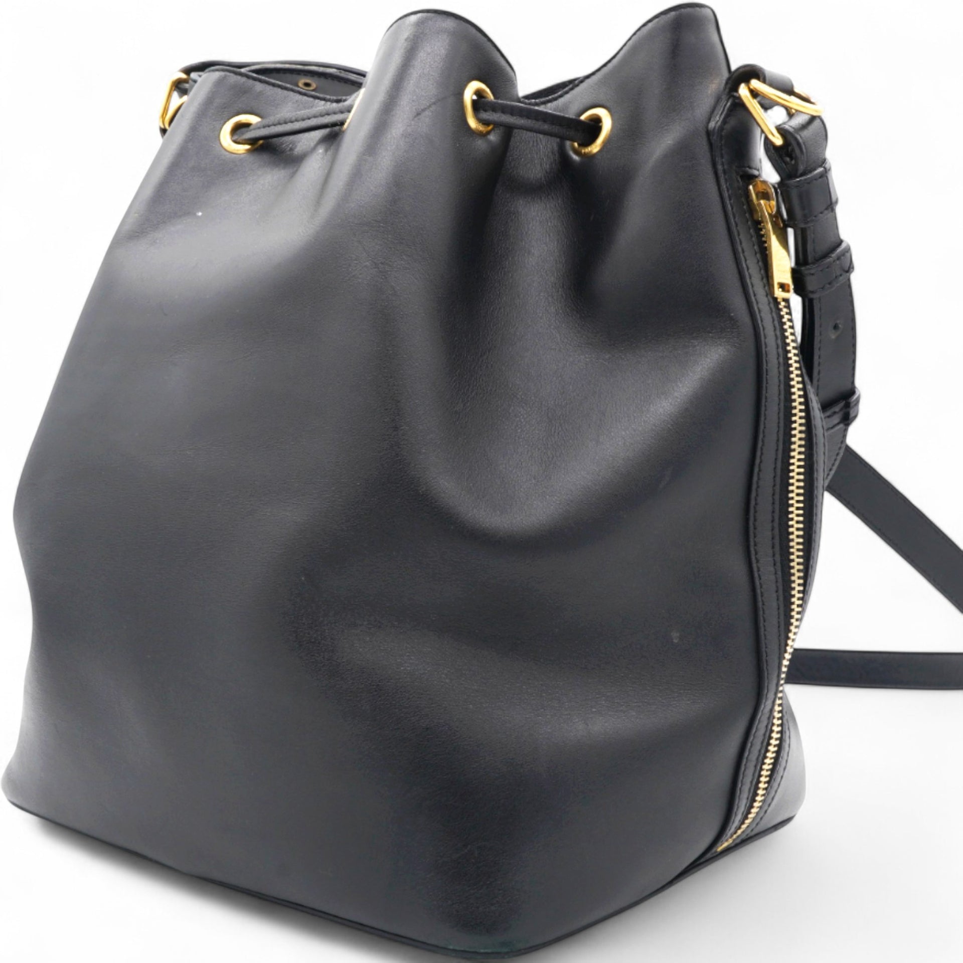 Paris Black Leather Small Emmanuelle Drawstring Bucket Bag