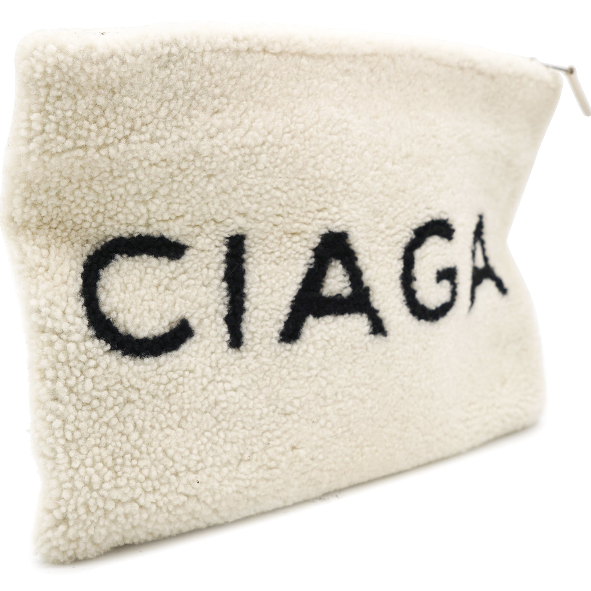 White Shearling Logo Clutch Bag