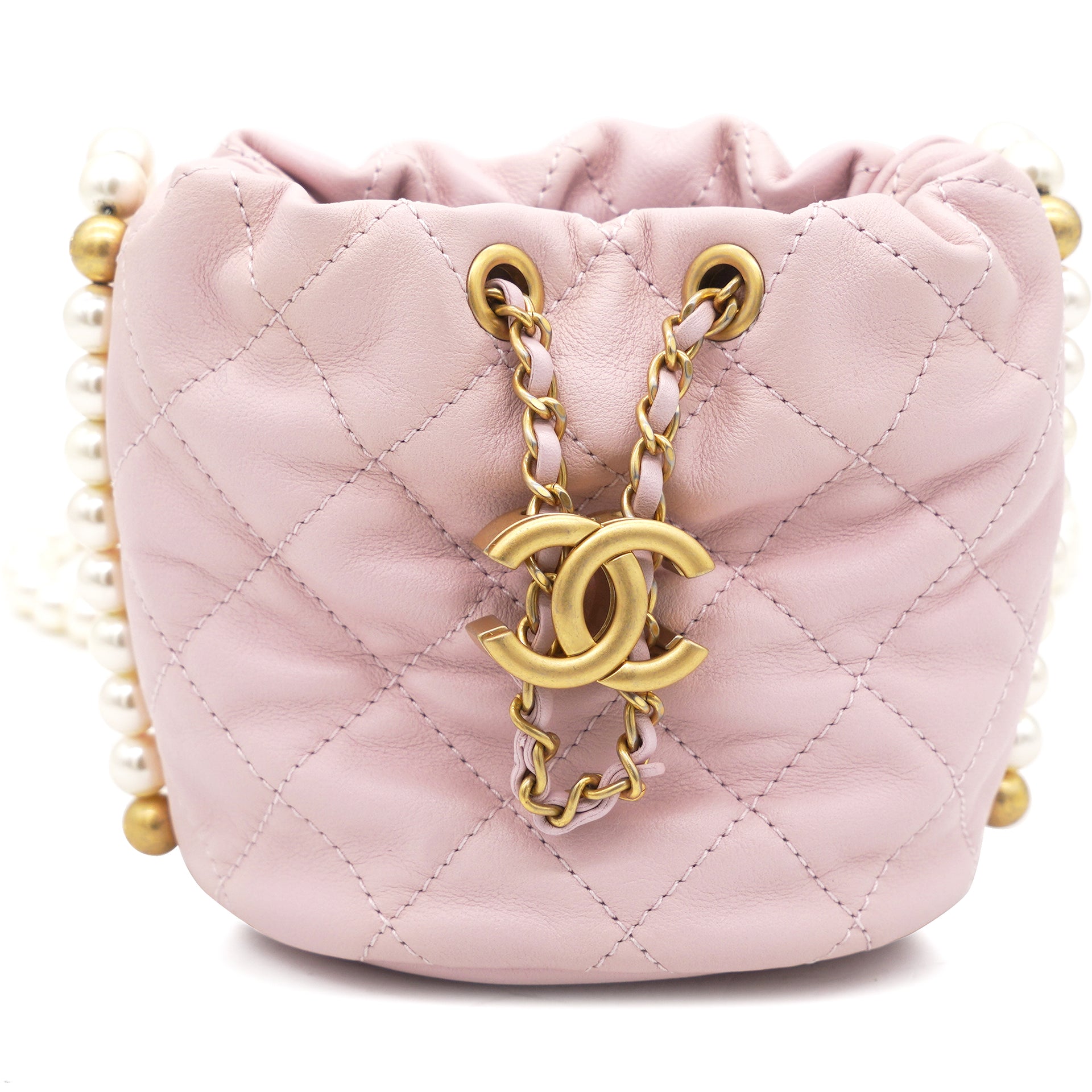 Chanel Mini Drawstring Bag Calfskin Pearl with Gold Metal White