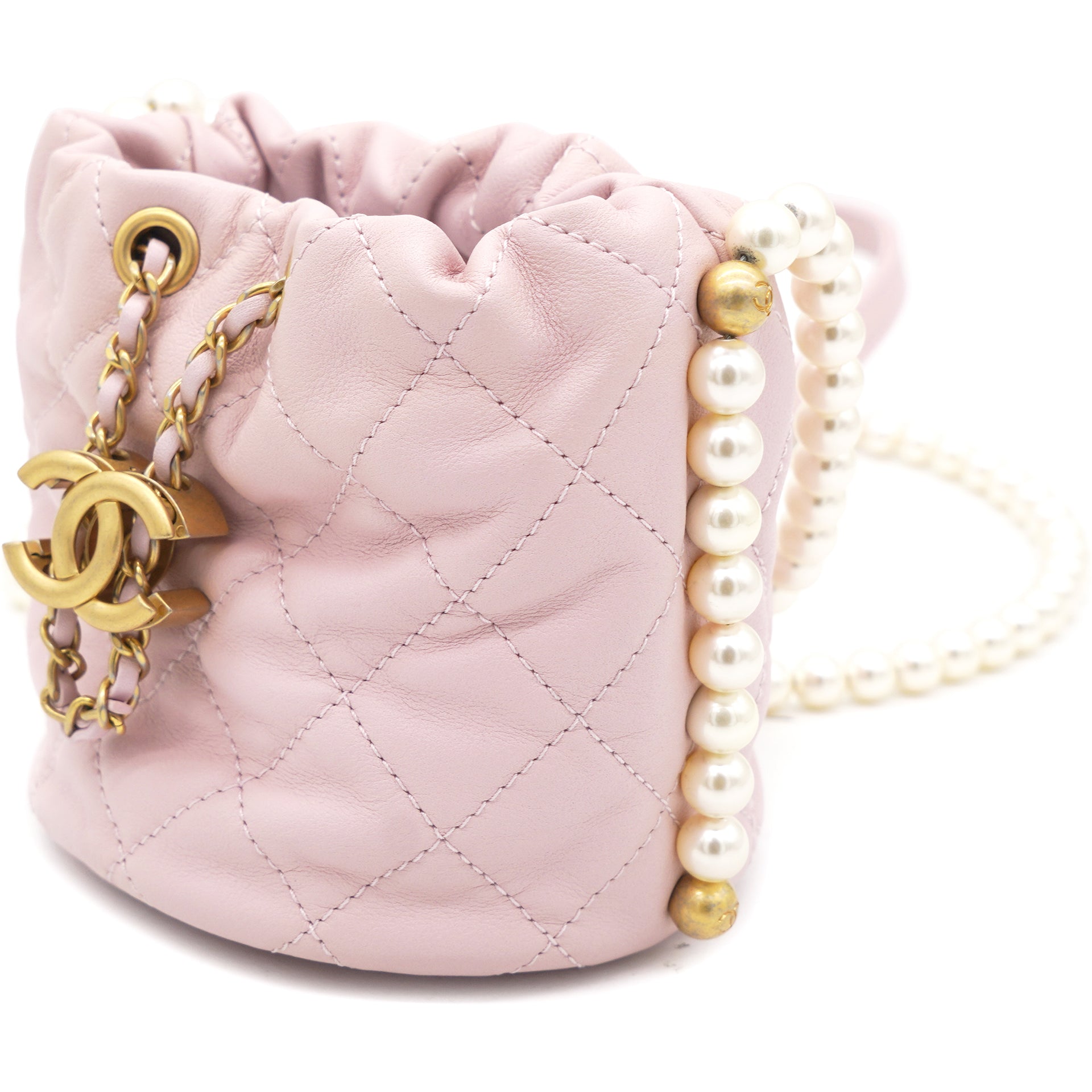 Chanel Calfskin Quilted Pearl Mini About Pearls Drawstring Bucket