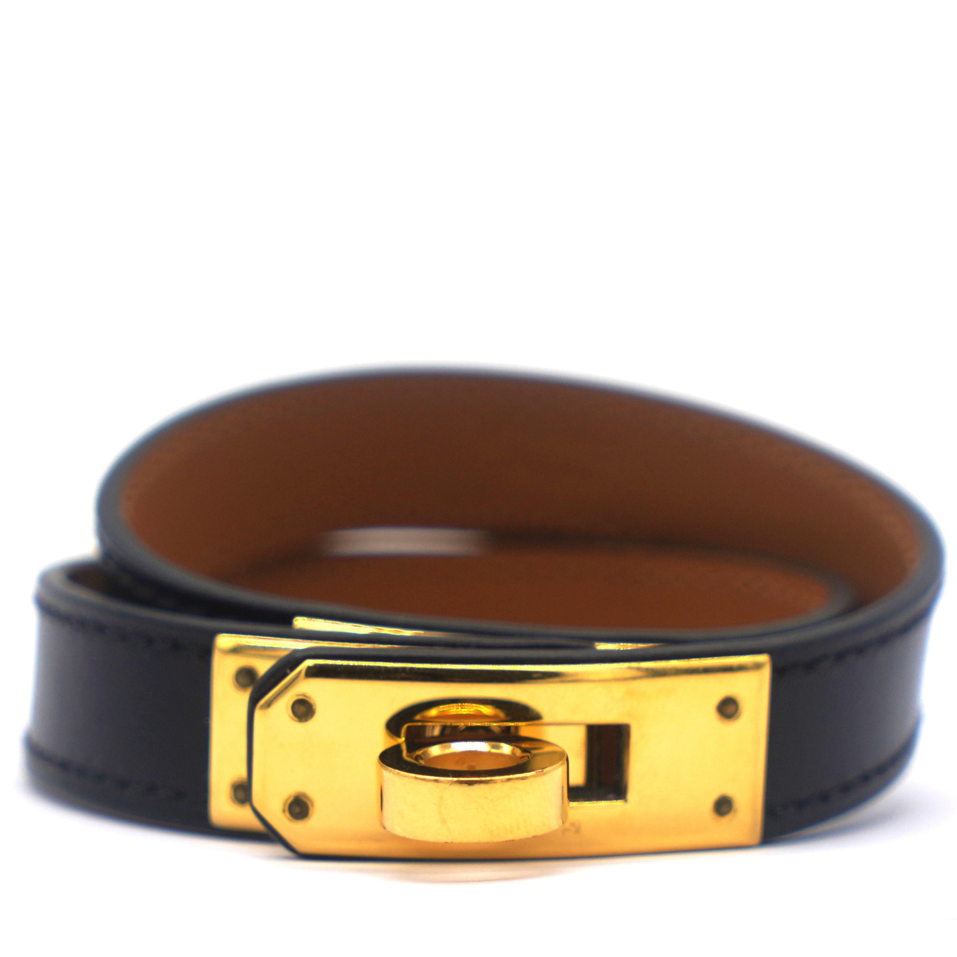 Kelly Double Tour Black Box Leather Yellow Gold-Plated Wrap Bracelet