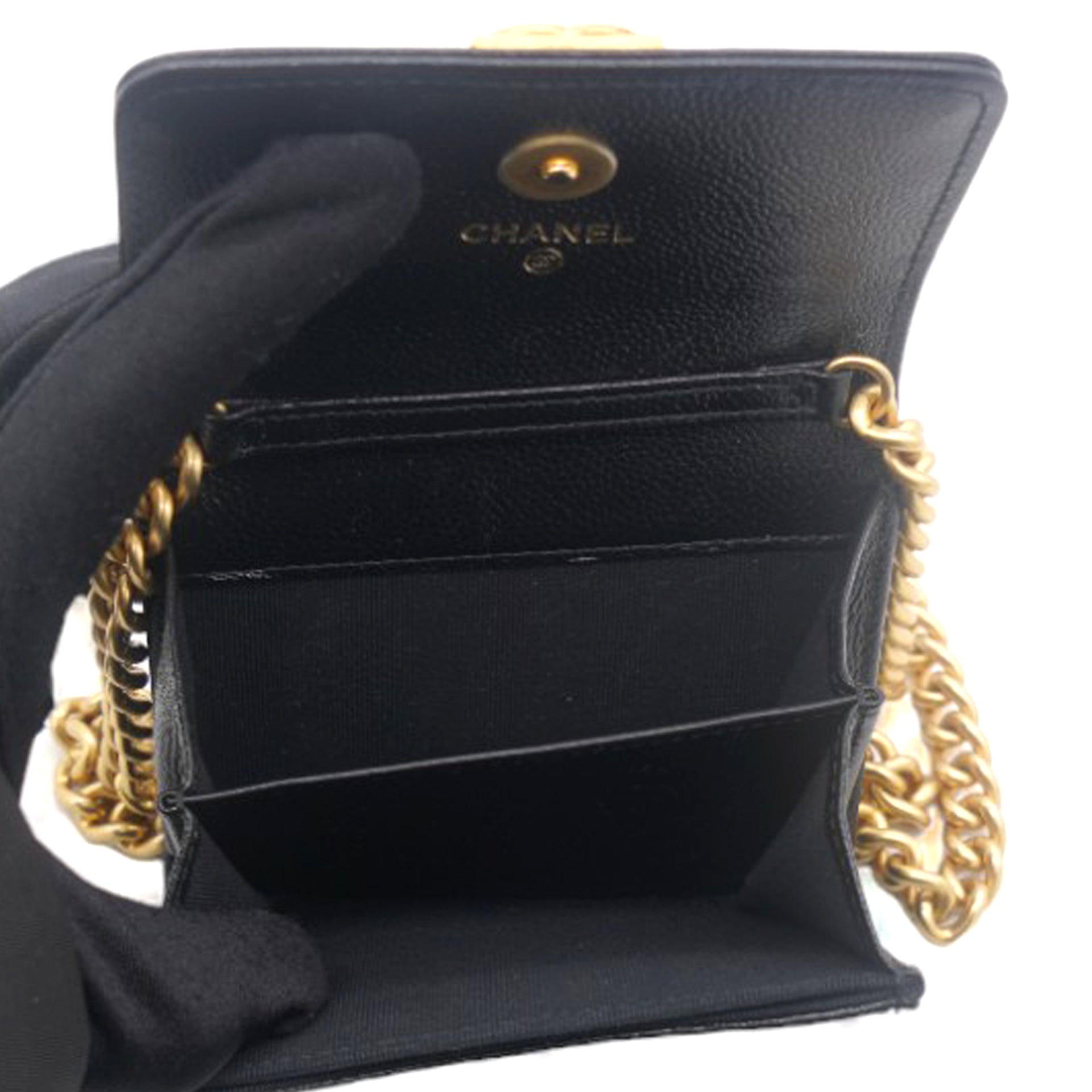 Black Caviar Leather Boy Card Holder with Chain