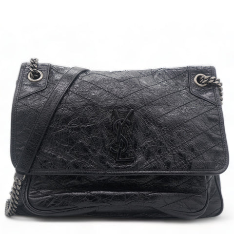 Black Aged Leather Large Niki Shoulder Bag