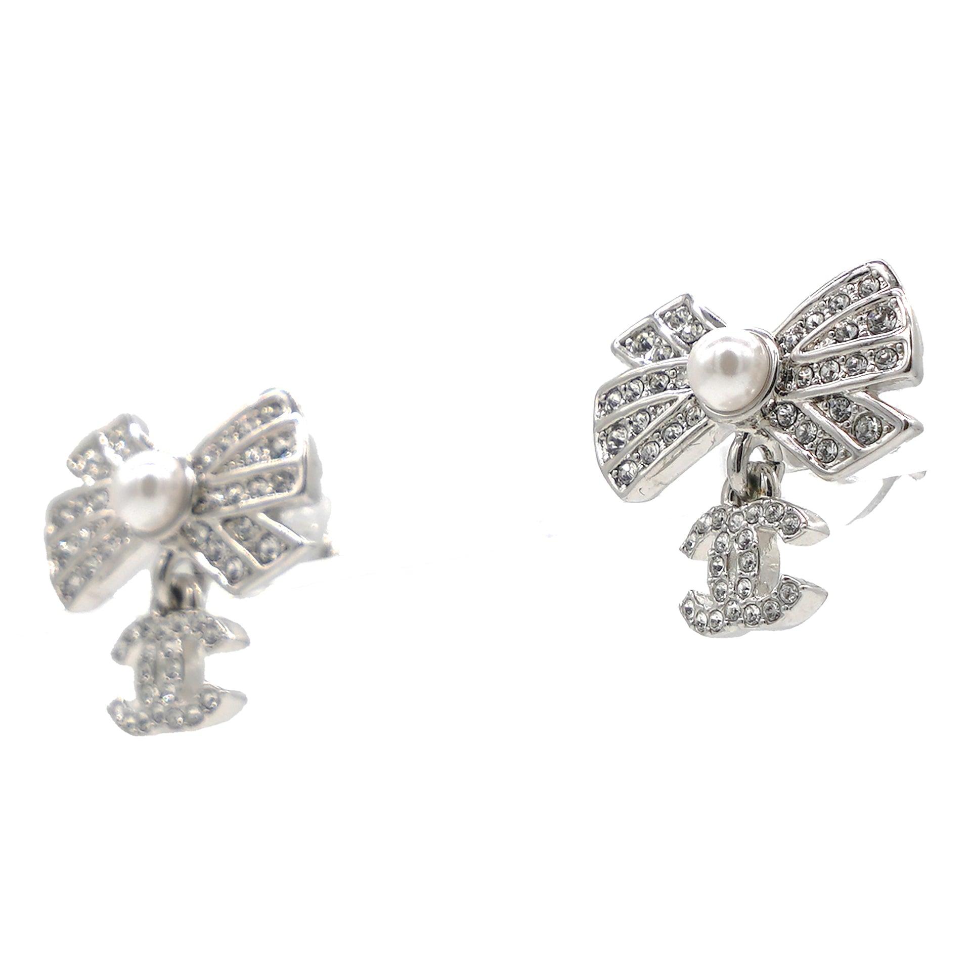 Silver Ribbon Row CC Crystal Piercing Earrings