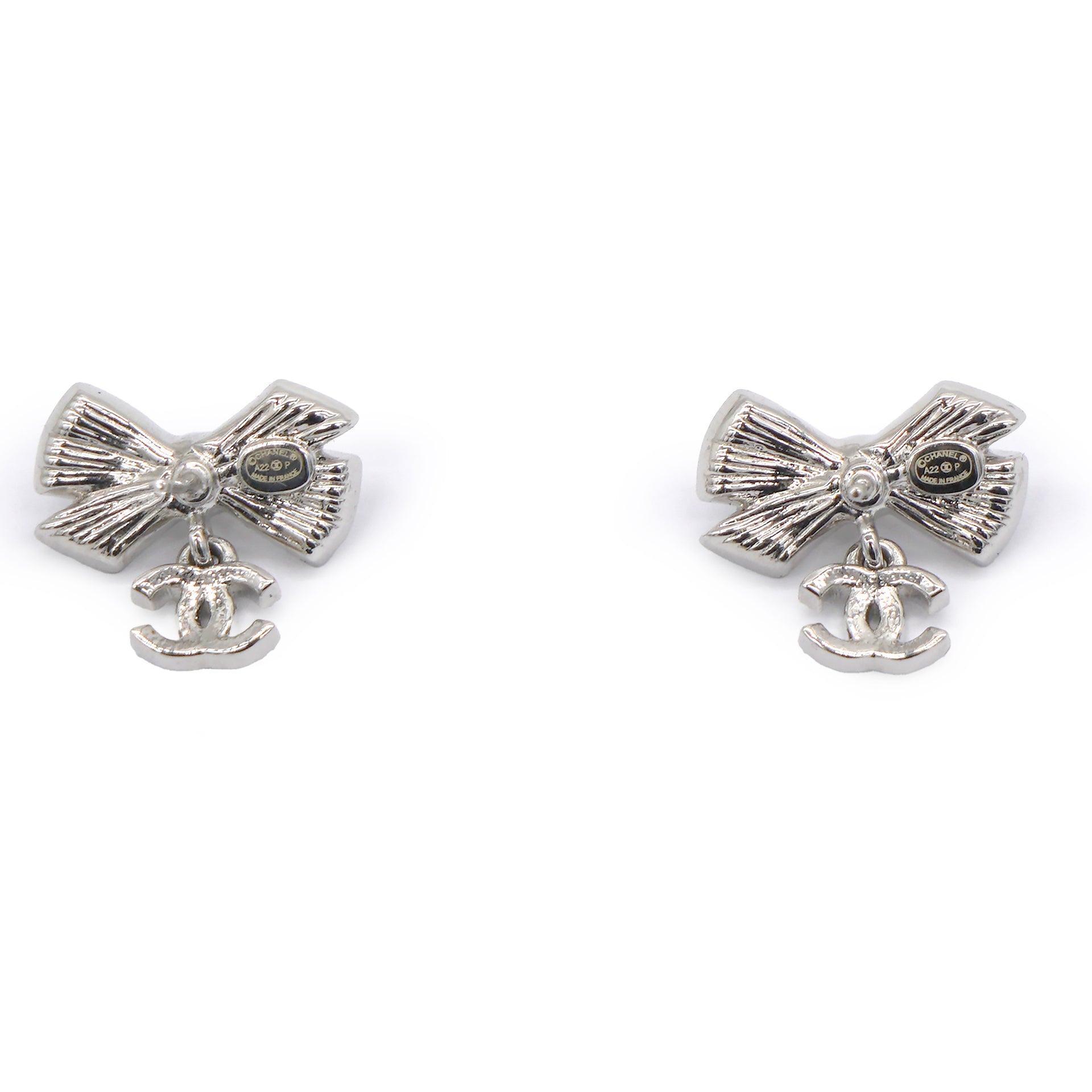 Silver Ribbon Row CC Crystal Piercing Earrings