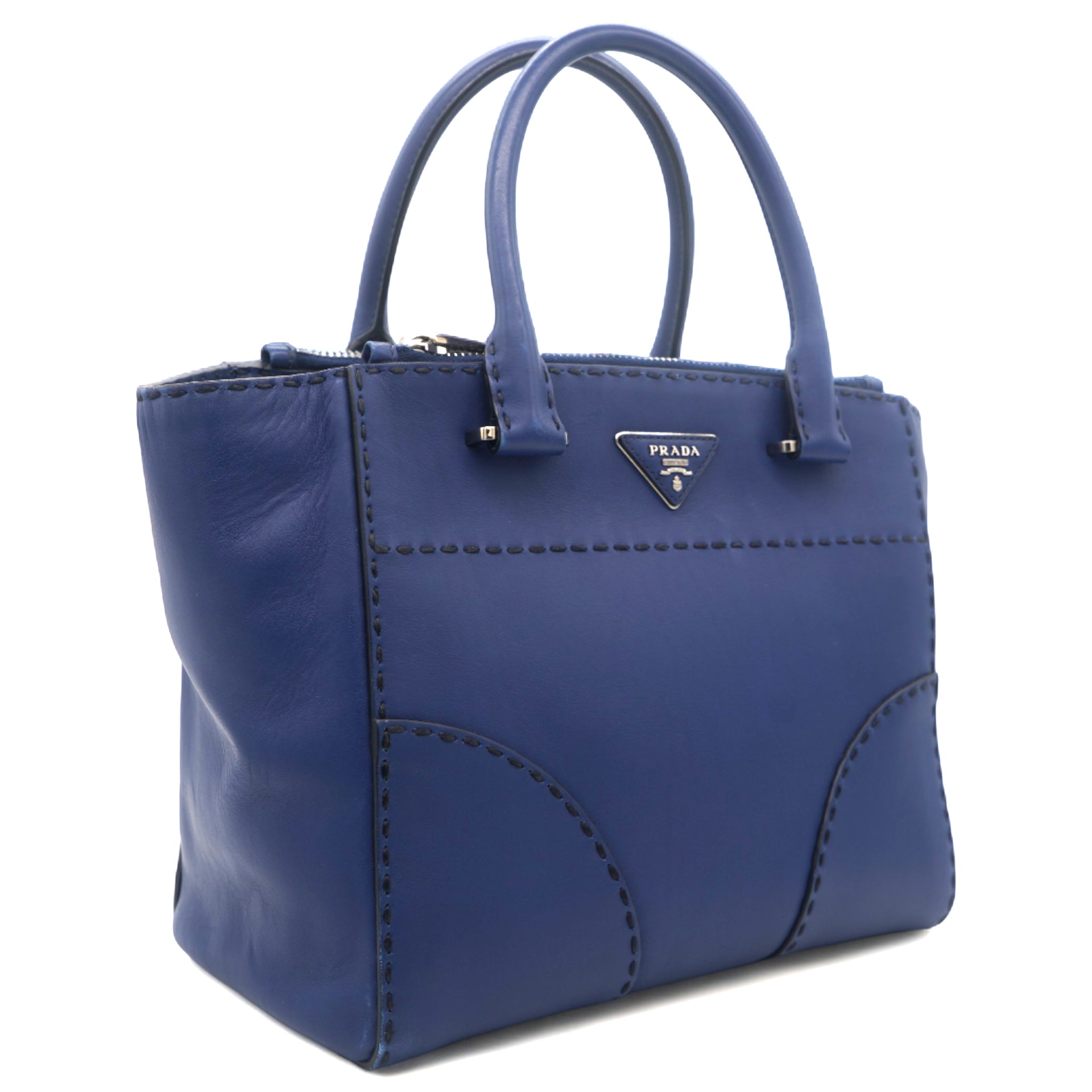 Vitello Twin Pocket Satchel Bag Bluette