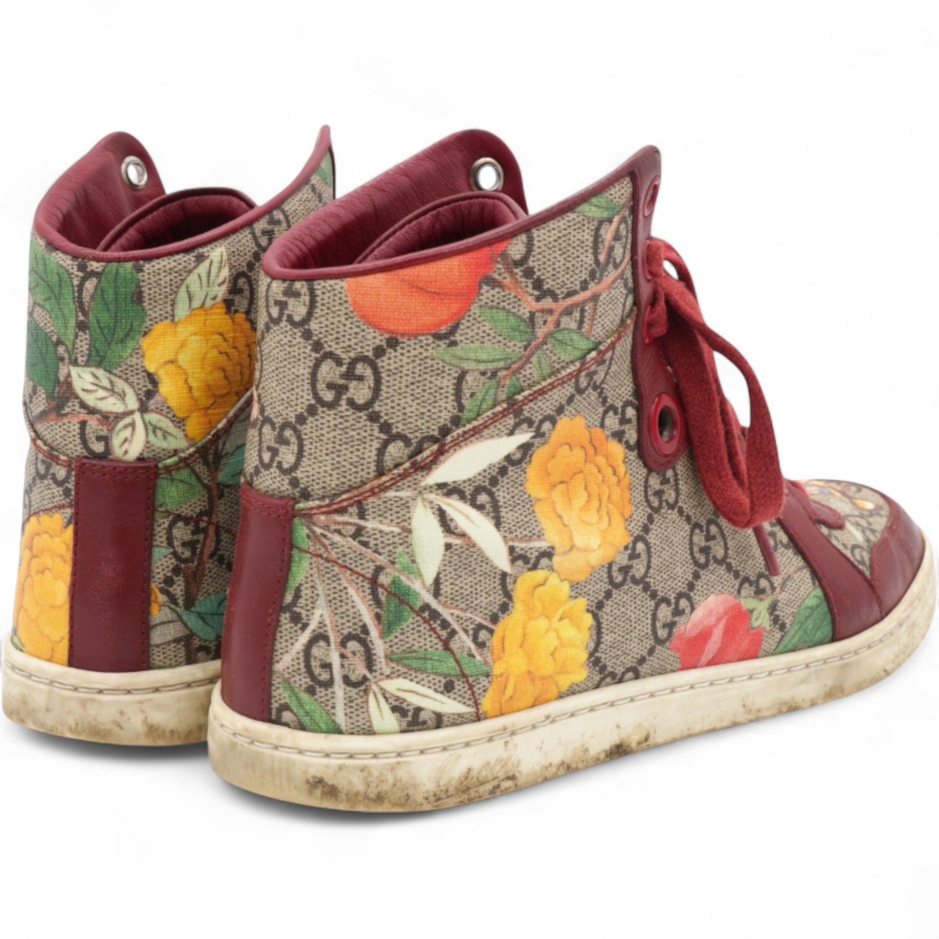 Pink Blooms Print Coated Canvas and Suede High Top Sneakers Size35.5