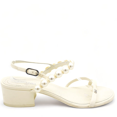 Calfskin Pearls Sling-back Sandals Cream 38.5