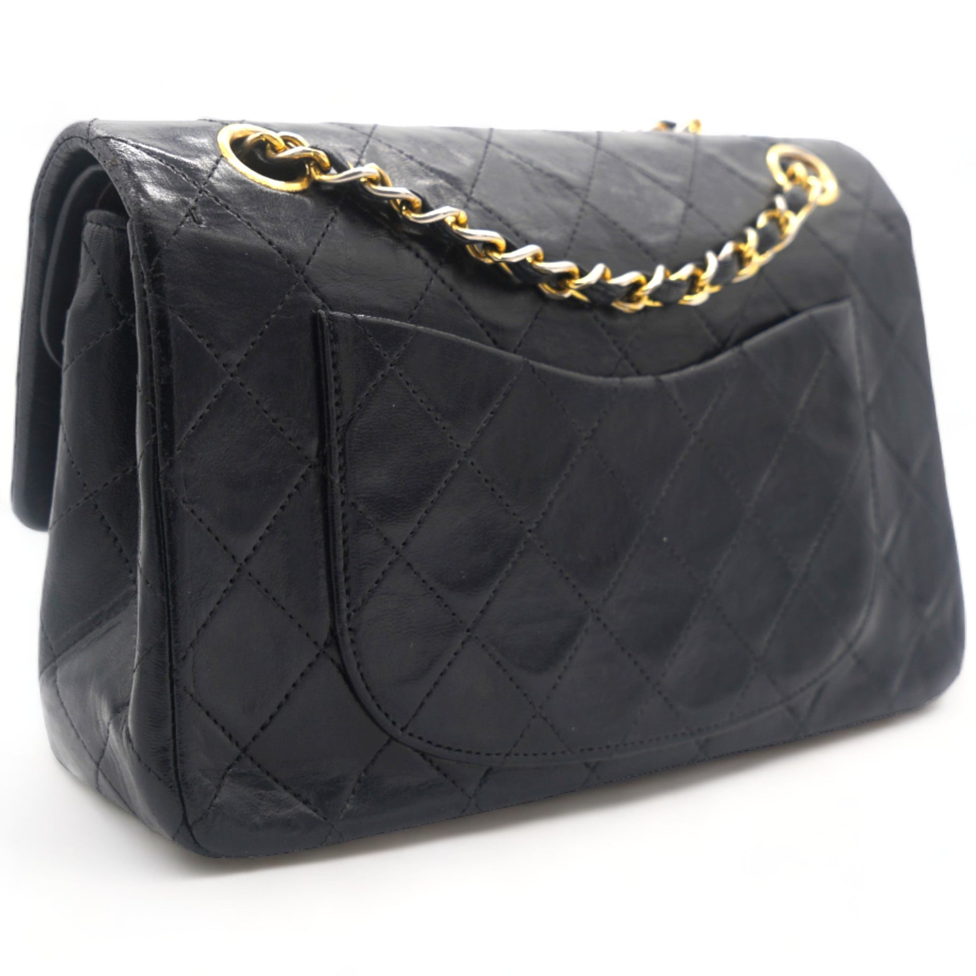 Vintage Black Quilted Lambskin Leather Classic Small Double Flap Bag