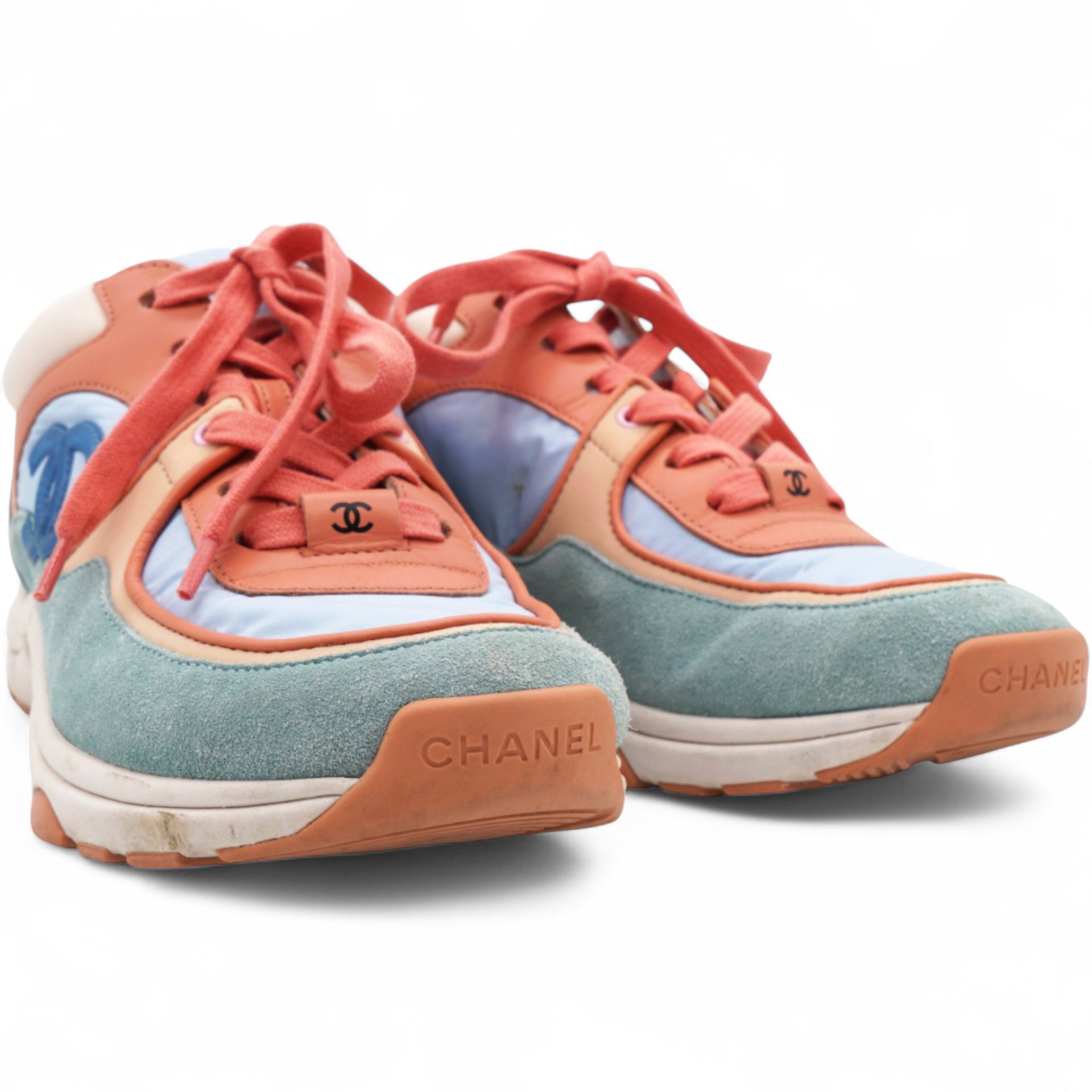 Nylon Lambskin Suede Leather CC Sneakers Coral Light Blue White Size37
