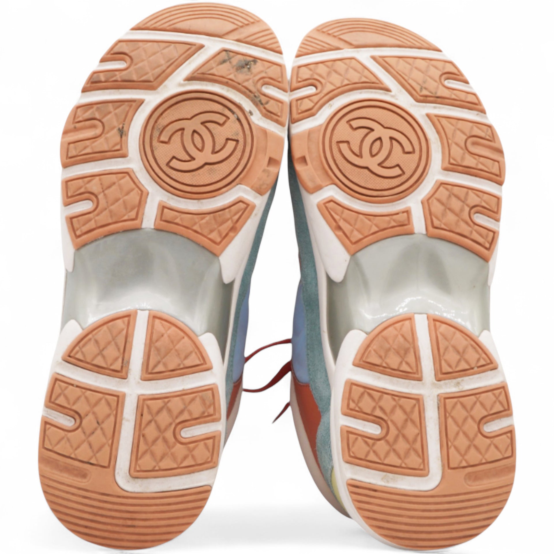 Nylon Lambskin Suede Leather CC Sneakers Coral Light Blue White Size37