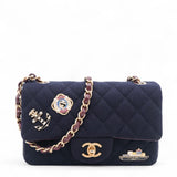 Felt Quilted Paris-Hamburg Charms Mini Rectangular Flap Dark Navy