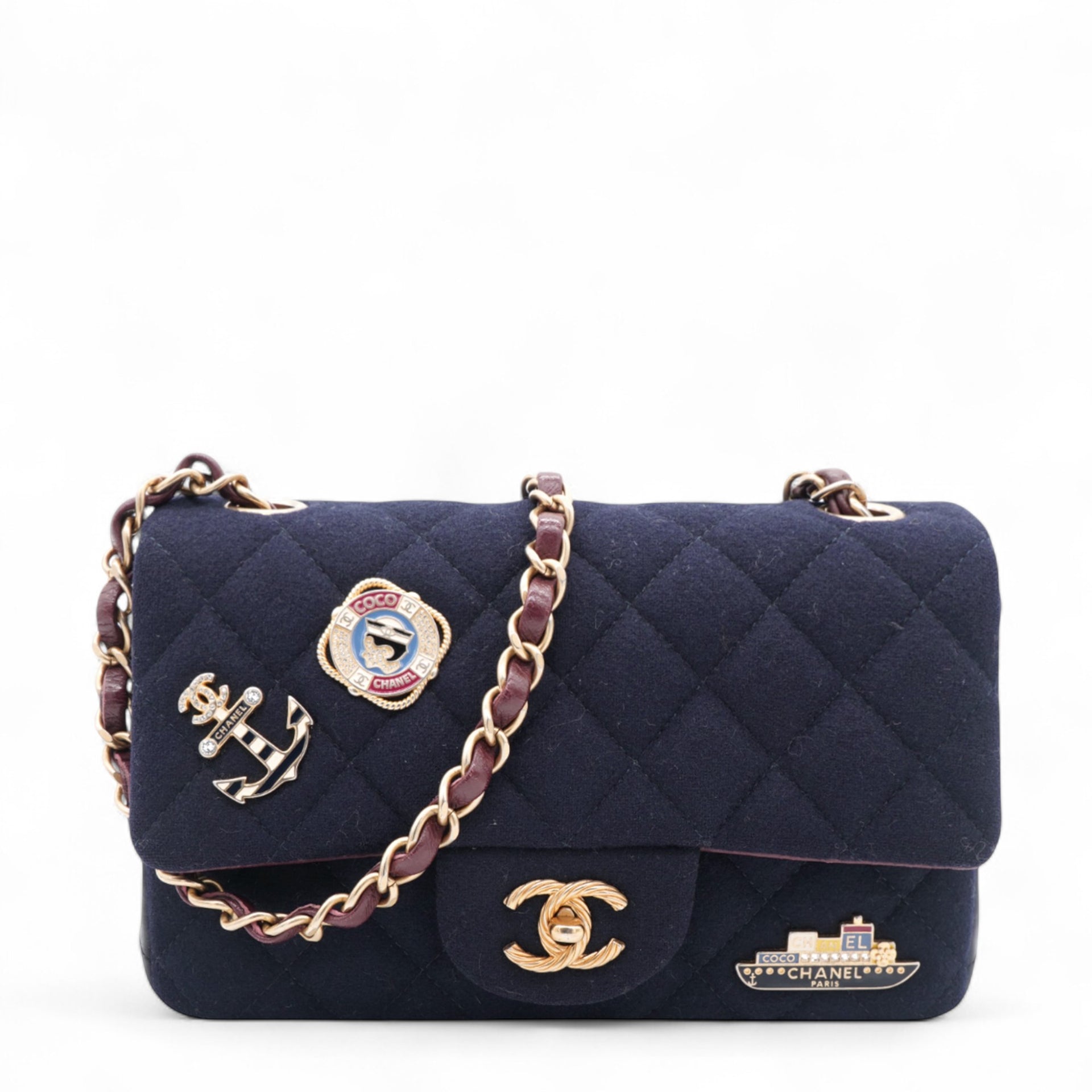 Felt Quilted Paris-Hamburg Charms Mini Rectangular Flap Dark Navy