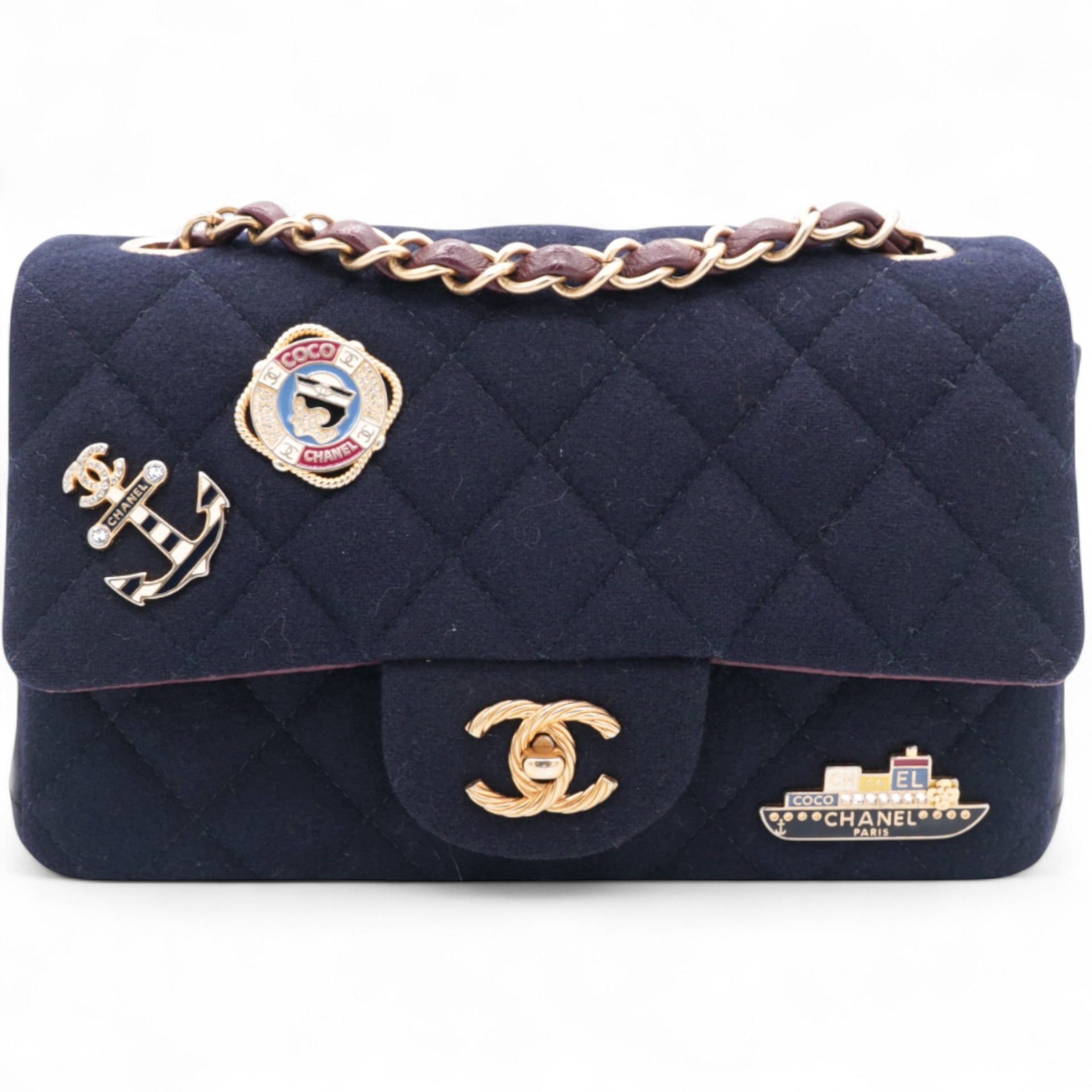 Felt Quilted Paris-Hamburg Charms Mini Rectangular Flap Dark Navy