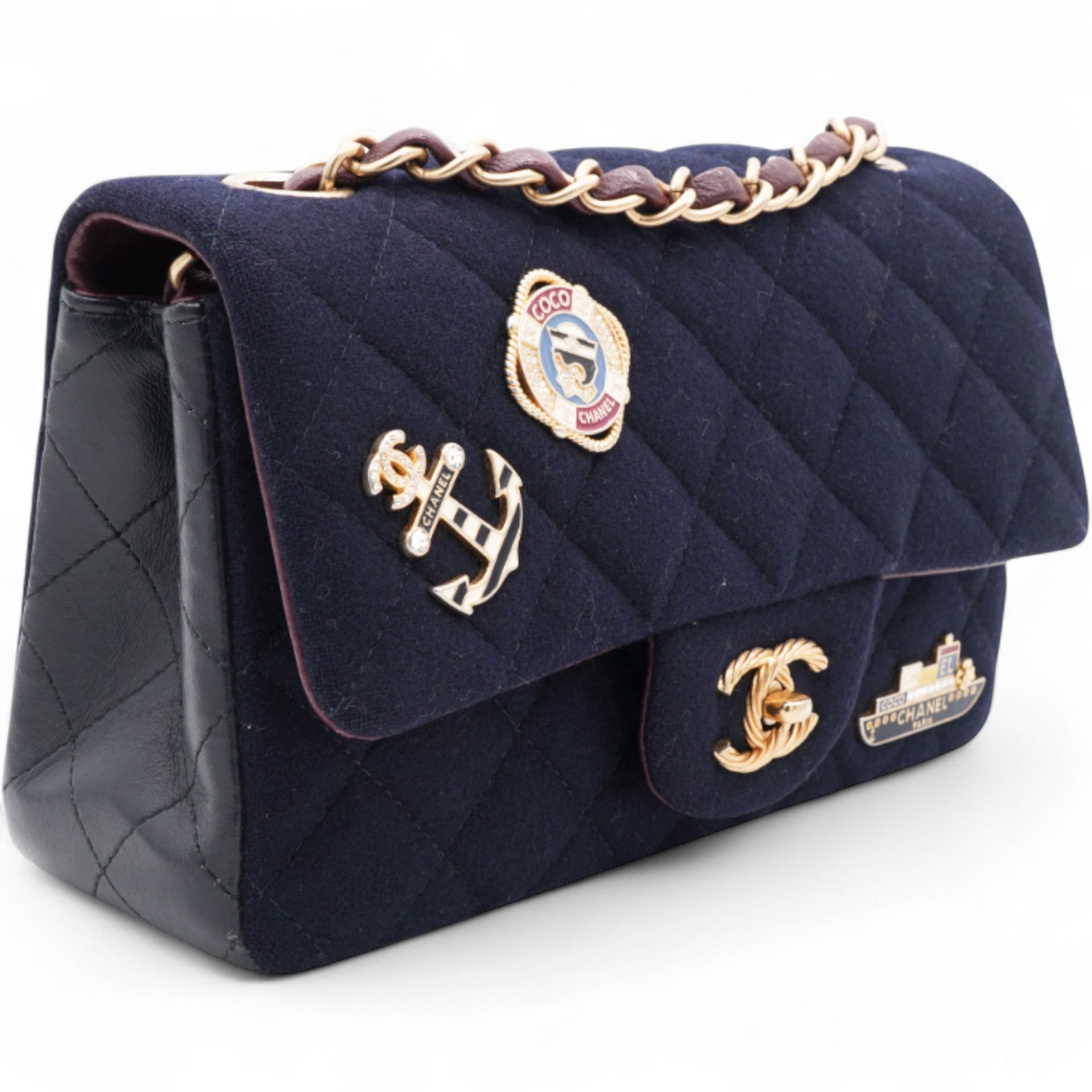 Felt Quilted Paris-Hamburg Charms Mini Rectangular Flap Dark Navy