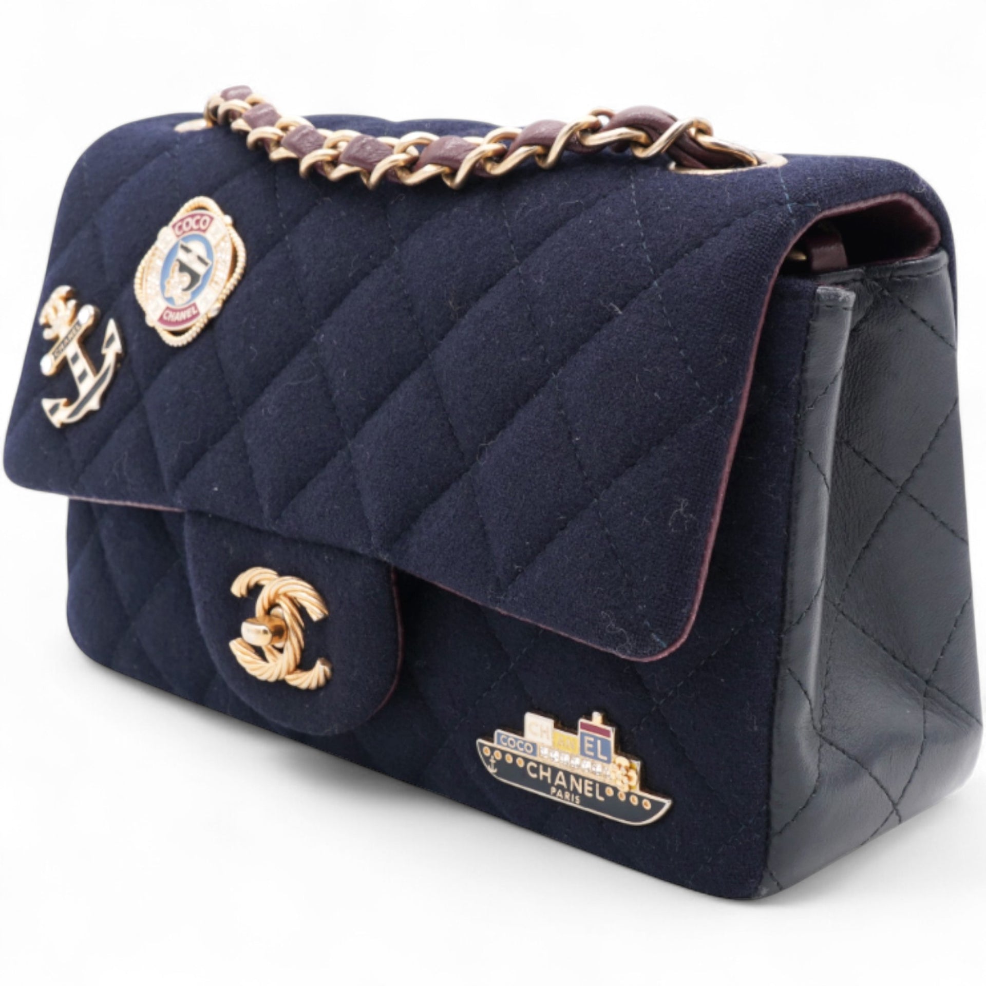 Felt Quilted Paris-Hamburg Charms Mini Rectangular Flap Dark Navy