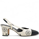 Printed Lambskin Cap Toe CC Slingback Pumps Black White Size37.5