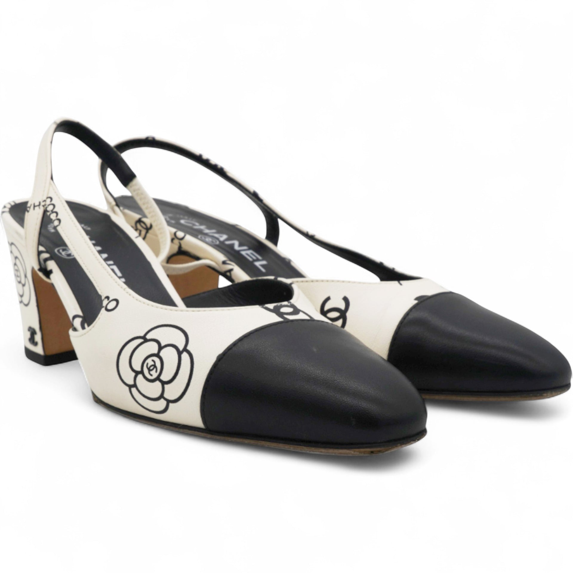Printed Lambskin Cap Toe CC Slingback Pumps Black White Size37.5